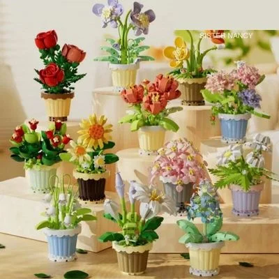 Blocos De Construção Vaso De Flores Eterno Com Modelo De Rosa E Girassol Presente De Dia Dos Namorados
