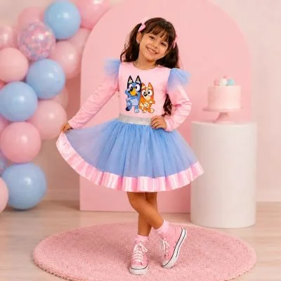Body Saia Manga Longa Infantil Lycra Tule Bluey Festa Aniver