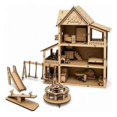 Casa de boneca infantil em mdf pintado + parquinho Grupo Paraíso Mdf